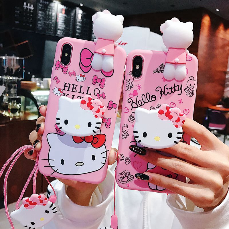 For Samsung Galaxy J8 A8 A6 J4 J6 Plus J2 Pro A9 A7 2018 Note 10 9 S9 S10 Plus S10E Phone Case HelloKitty With holder+Lanyard Soft Cute Cover