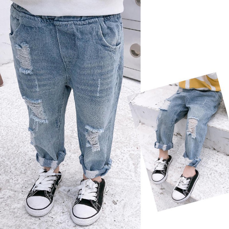 Children Boys Girls Ripped Hole Jeans Fashion Teens Light Blue Slim Denim Pants Igac Shopee Thailand
