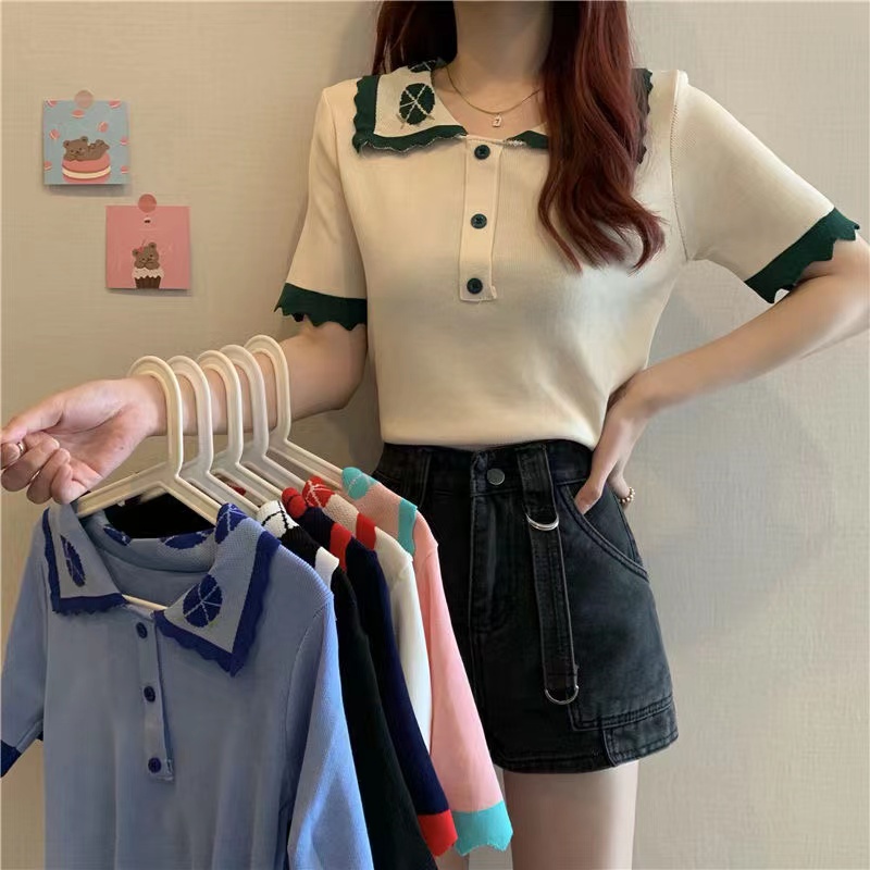Bonnie(พร้อมส่ง/ใหม่)#29003เสื้อโปโลคอปกแขนสั้นเสื้อยืดผู้หญิงฤดูร้อนปี 2025 ใหม่สลิมสั้นซิปคู่ถักเสื้อสเวตเตอร์