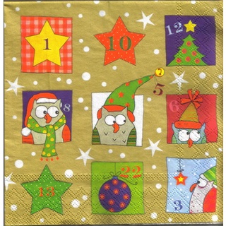 Pladao Napkin ภาพ คริสต์มาส ปฎิทินนกฮูก Christmas Owl กระดาษ แนพกิ้น สำหรับงานศิลปะ เดคูพาจ decoupage ขนาด L 33x33