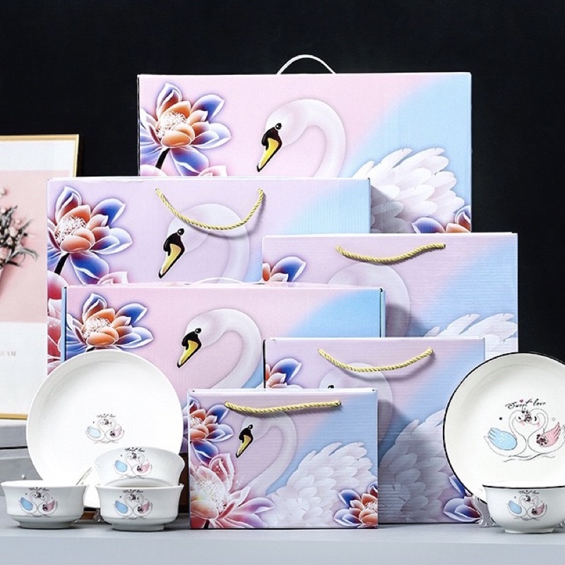 SWEET LOVE ชุดจานชามเซรามิค ลายหงส์คู่รัก จานลายเซรามิคกระเบื้อง 1เซ็ตมี 10ชิ้น