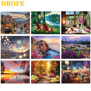 DROFE ภาพระบายสีตามตัวเลข รูปวิวและท้องถนน สำหรับตกแต่งบ้าน ของขวัญ DIY ขนาด 50X40 ซม.