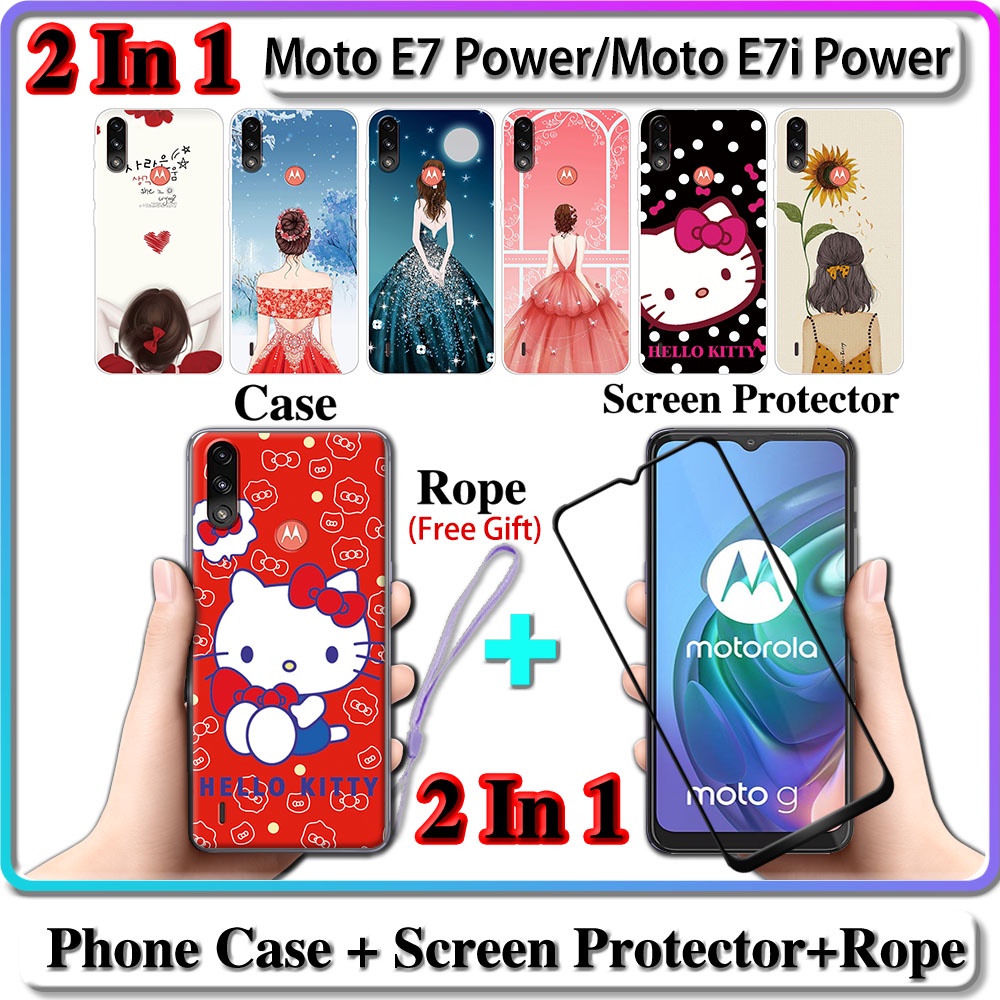 2 IN 1 เคส Motorola Moto E7 Power E7i Power Case พร้อมกระจกนิรภัยกันรอยหน้าจอโค้งเซรามิก สําหรับเด็กผู้หญิงและคิตตี้