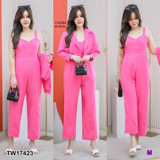 TW17423 Set #สาวอวบ 2 ชิ้น จั้มสูทสายเดี่ยว ขายาว ทรงกระบอก มีกระเป๋าล้วงข้าง พร้อมเสื้อสูทคอป แขนยาว กระดุมหน้า ทรงสวย