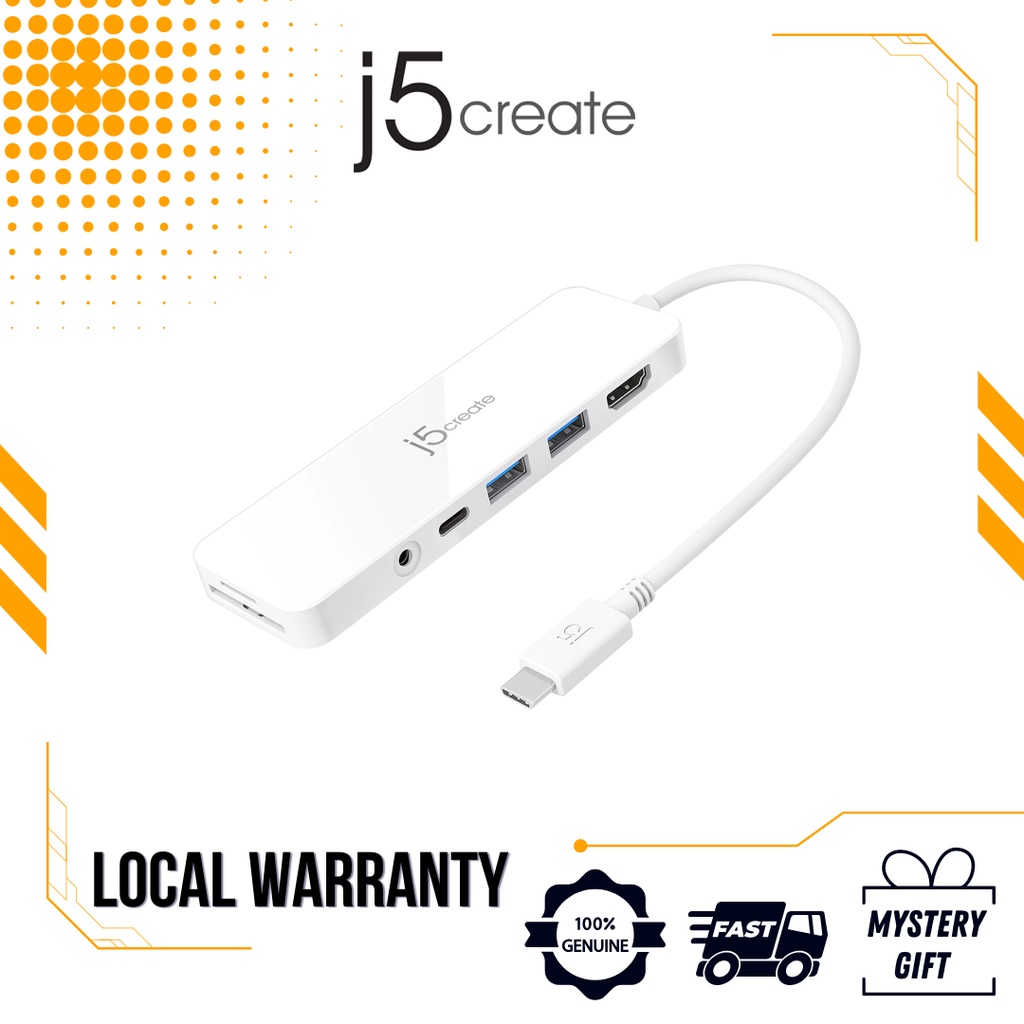 J5create ฮับหลายพอร์ต USB-C พร้อม Power Delivery (HDMITM/USBTM 3.1/PD 3.0/3.5 มม./เครื่องอ่านการ์ดหน