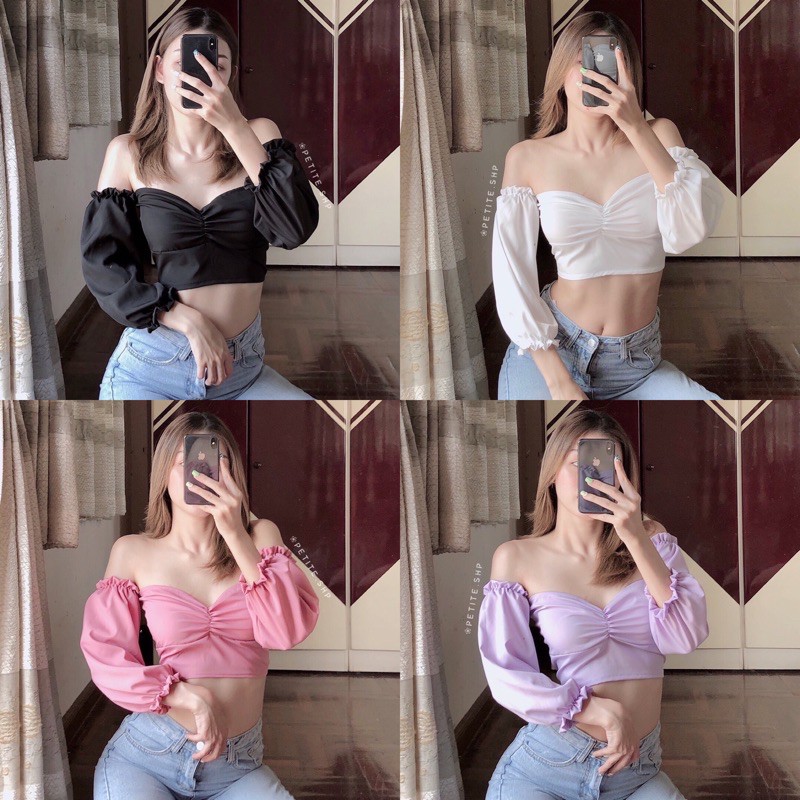 Petite♡︎ Long top เสื้อครอปปาดไหล่แขนยาว