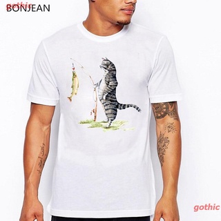 เสื้อยืดผู้ชายและผู้หญิง Cat Fishing Animal Printed Tshirt Men White T Shirts S Hombre Shirt Men T-Shirt Summer Tops Men