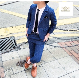 Chic Boy Suit ชุดสูท ชุดไปงานเด็ก สีนำ้เงิน ลาย ชุดเซท 2 ชิ้น พร้อมถุงสูท ไม้แขวน เสื้อสูท+กางเกงเอวยางยืด ขนาด 90 ถึ...