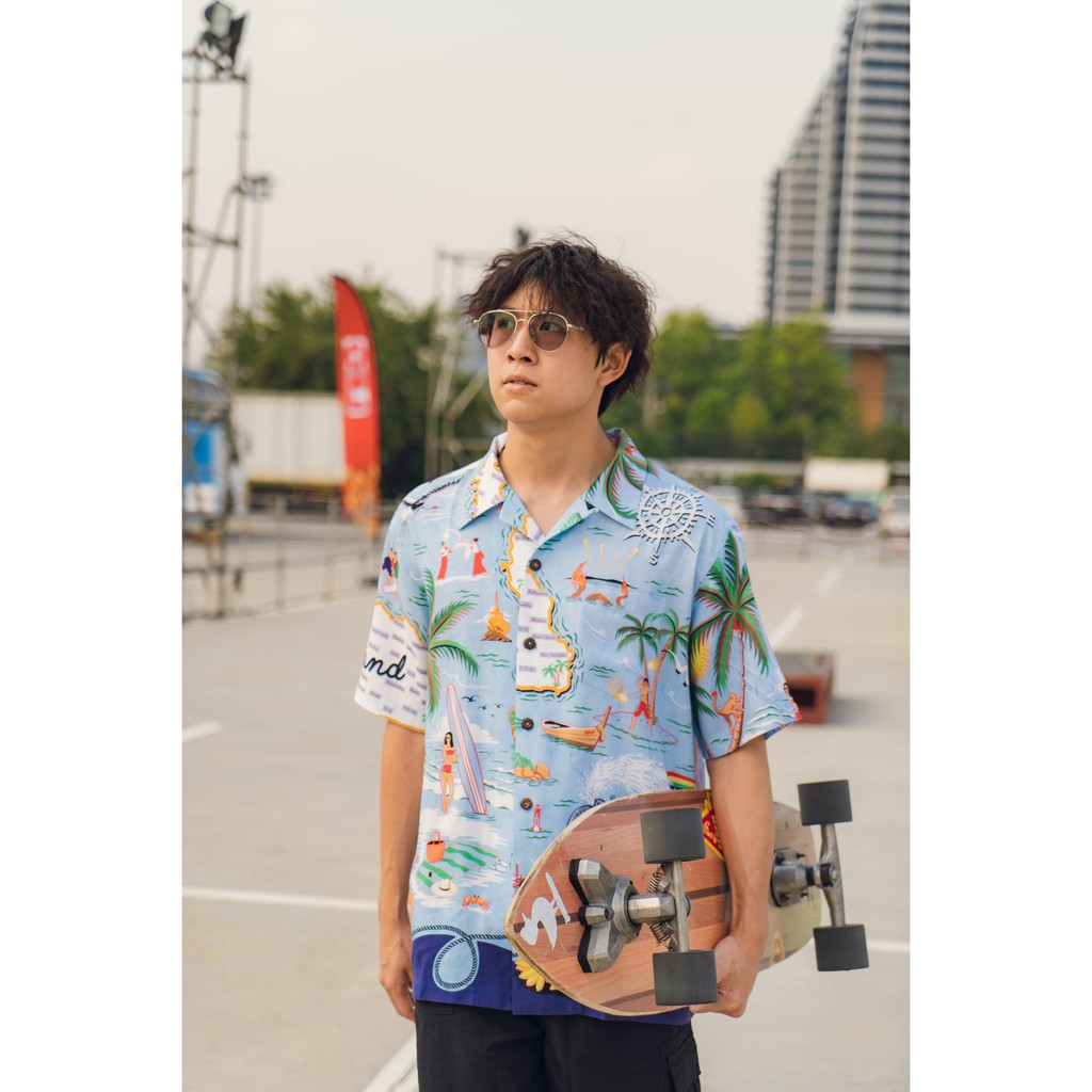 เสื้อฮาวาย ลายประเทศไทย แบรนด์ Windwear ผ้าเรยอน Aloha Discovery Thailand ไทยเที่ยวไทย สีน้ำเงิน ราคา ถูกที่สุด ดีลบีเคเค แกลเลอรีภาพที่ 2