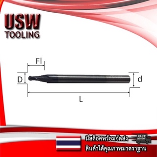 Ball Endmill R0.5 - 9.0มม. ยาว 100มม. 2 Flute ดอกกัดเหล็ก/สเเตนเลส