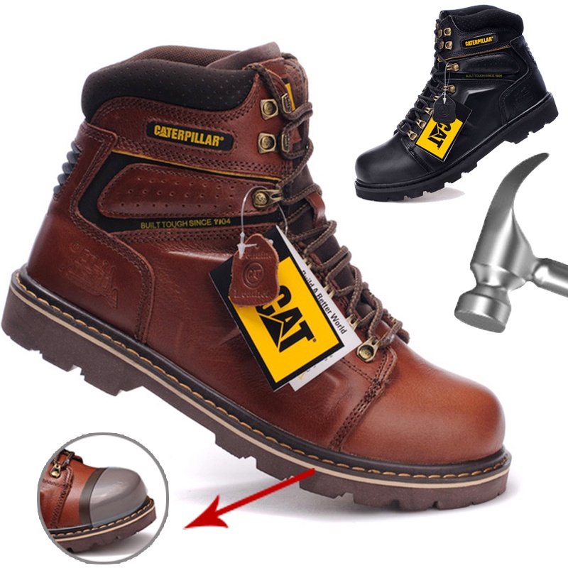 CAT Men's First Layer Cowhide Martin Bootsรองเท้าบูทหุ้มข้อหนังแท้ Ankle Work Steel Toe Safety Boots