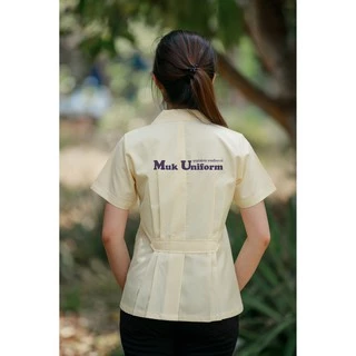 ( Live 11.30 - 13.00 น.ทุกวัน ) เสื้อกาวน์ แขนสั้น คอปก เหลือง-ขาว เสื้อเหลืองริ้ว ตรากระทรวงสาธารณสุข มุกยูนิฟอร์ม