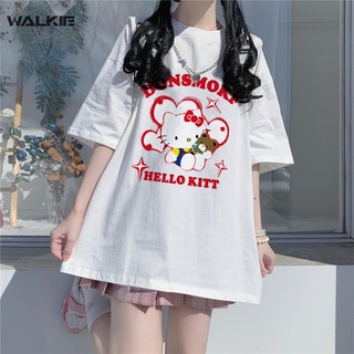 SANRIO Walkie เสื้อยืดแขนสั้น ผ้าฝ้าย พิมพ์ลาย Hello Kitty MyMelody Cinnamoroll ทรงหลวม สไตล์ฮาราจูกุ แฟชั่นฤดูร้อน สําห