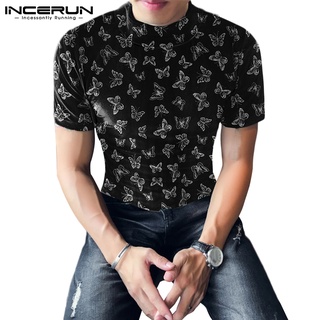 Incerun เสื้อยืดลําลอง แขนสั้น คอสูง พิมพ์ลายผีเสื้อ แฟชั่นสําหรับผู้ชาย