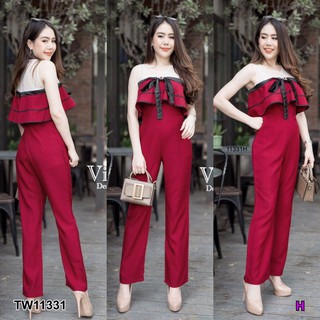 BG11331 Jumpsuit จั๊มสูทขายาวปักดอกไม้เพชรตรงหน้าอก เย็บผ้าเงาเป็นโบว์ ระบายอกรอบตัว เนื้อผ้าซาร่า