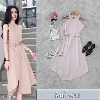 👗H1483 Dress - CREAM เดรสคอกลม แขนกุดทรงไหล่ล้ำ ด้านหน้าแต่งป้ายหน้าแหวกสูงเซ็กซี่ งานเนื้อผ้าซาร่า เงาสวยหรูมากค่ะ