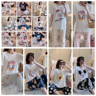 ชุดนอน พร้อมส่ง‼️ชุดนอนผู้หญิง กางเกง5ส่วน เสื้อยืดคอกลม ลายการ์ตูนน่ารัก