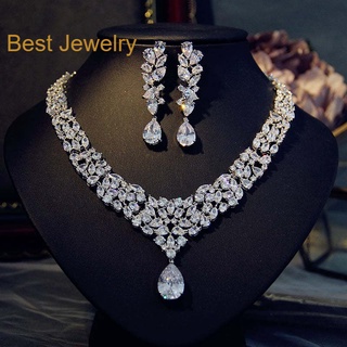 Best Jewelryเซ็ตสร้อยคอ/ต่างหู แบบเพชร CZ เกรด 8A Cubic Zirconia ต่างหูสร้อยคอชุดสำหรับงานแต่งงานเจ้าสาวชุดแต่งงาน