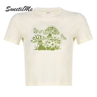 Sweeticme เสื้อยืดคอกลม แขนสั้น พิมพ์ลาย สีพื้น สไตล์สตรีท สําหรับผู้หญิง 2022