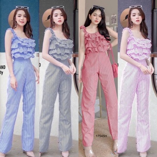 TW17545 Set 2 ชิ้น เสื้อแขนกุดลายริ้ว แต่งระบาย + กางเกงลายริ้วขายาว