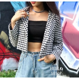 เสื้อครอปคอวีปก แขนยาว ผ้าทวิต กระดุมคู่ด้านหน้า ผ้าหนานุ่มใส่สบาย5510