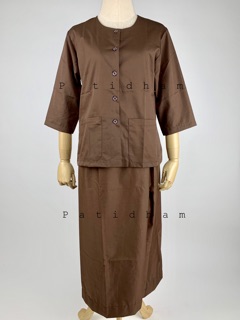 ชุดปฏิบัติธรรมผู้หญิง สีกรัก เสื้อแขนสามส่วน ผ้าถุงเอวยาง