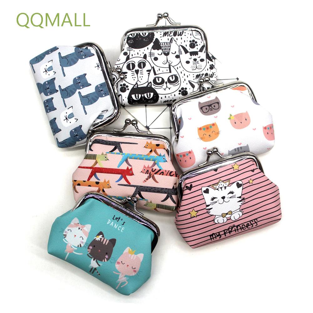 Qqmall คลัทช์กระเป๋าสตางค์กระเป๋าใส่เหรียญกุญแจการ์ตูนแมวน่ารักขนาดเล็กสําหรับผู้หญิง