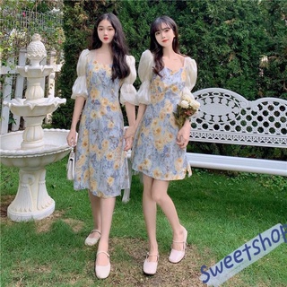 Sweet 💙ชุดเดรส 💙ดอกไม้สีเหลือง แขนพองแนวสาวเกาหลี เดรสกระโปรงสั้น-ยาว ผ้านิ่ม 46-47