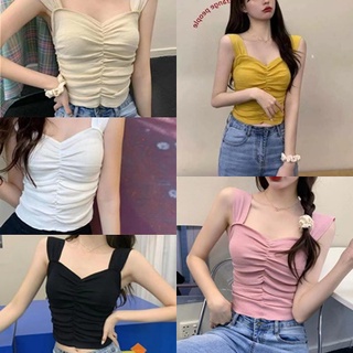 สินค้าพร้อมส่ง เสื้อครอปสายเดี่ยวแต่งจีบด้านหน้าน่ารักใสๆสำหรับผู้หญิงDMN12