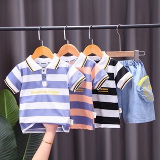 Qworld Boys Striped Polo Shirt Set+shorts (2-5year) ชุดเสื้อโปโลเด็กชายลาย+กางเกงขาสั้น (ส่งจากกรุงเทพ)