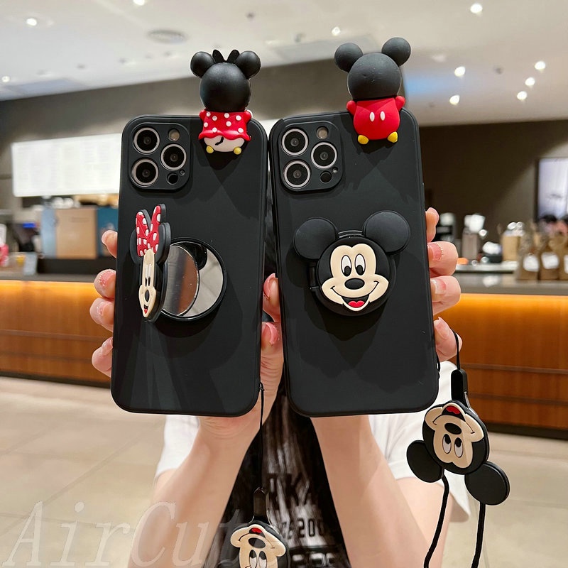 เคส iPhone 16 15 14 13 12 11 Pro Max X XR XS Max 8 7 6 6S + Plus Protect Camera Black Mouse Doll Soft Case With Popsocket Lanyard