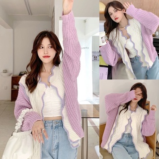 Korean🧧 เสื้อคลุมไหมพรมแขนยาวขอบหยัก สีทูโทนขาวม่วง ไม่มีกระดุม