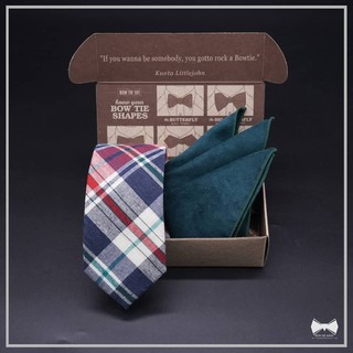 เซ็ทเนคไทลายสก๊อตผ้าคอตต้อน + ผ้าเช็ดหน้าสูท-Cotton Plaid Necktie+ pocket square