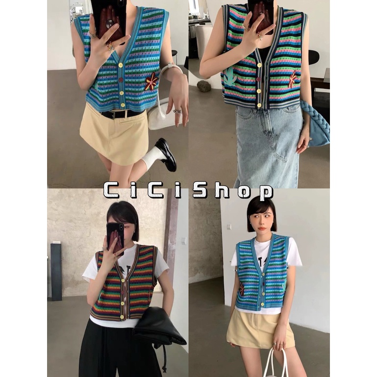 Cicishop(SALE./สุ่ม1418)เสื้อกั๊กลายทางไหมพรมถักดีเทลกระดุมหลากสีปักลายปลาดาวน่ารักมากกก