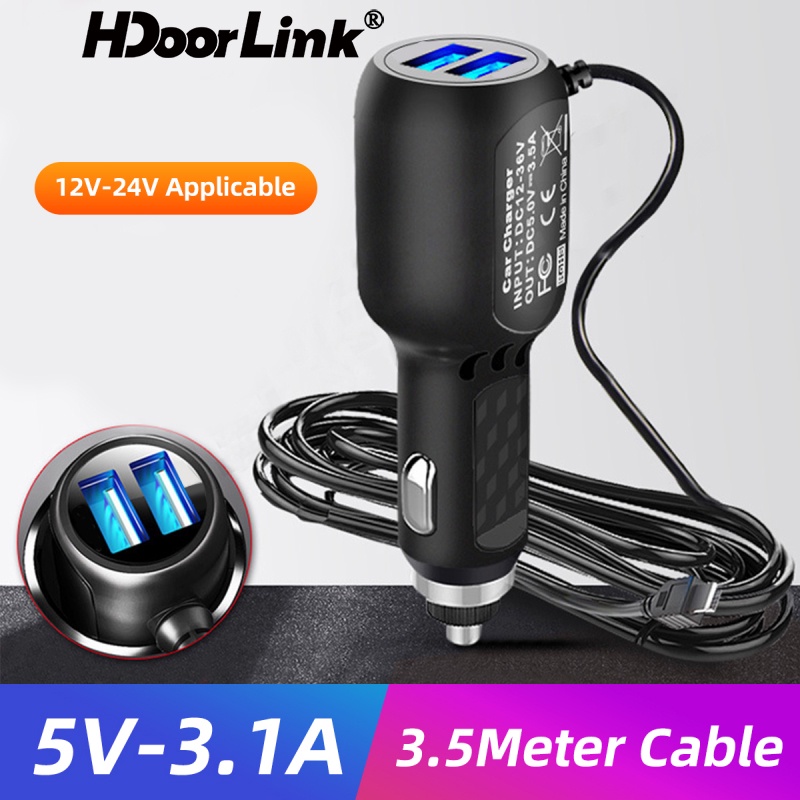 Hdoorlink ที่ชาร์จในรถยนต์ 3.5 เมตร 5V 3.4A พร้อมพอร์ต Micro USB 2 พอร์ต สําหรับกล้องบันทึกวิดีโอ GPS DVR อินพุต DC 8V-36V