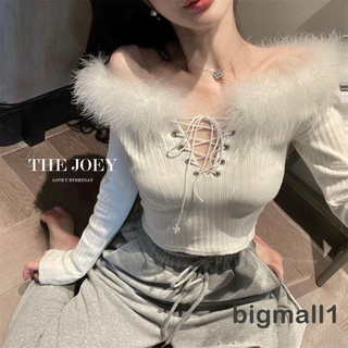 Bigmall-เสื้อครอปแขนยาวคอวีลําลองสําหรับผู้หญิง