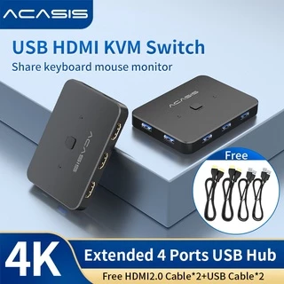 Acasis สวิตช์ USB HDMI KVM 2 In 1 Out 4K60Hz HDMI Switcher และ Extended 4 พอร์ต USB3.0 Hub กล่องแชร์แมนนวล พร้อมสาย USB HDMI 2.0 สําหรับคอมพิวเตอร์ PC แล็ปท็อป มอนิเตอร์