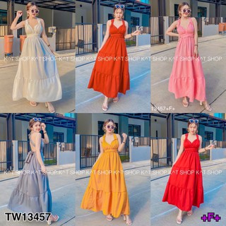 👗Pfashion [ส่งไว!!🚛] P13457 แม็กซี่เดรสคล้องคอผูกโบว์ ผ้าโฟร์ฟร์เวย์สีพื้นhalter neck bow tie maxi dress Four-