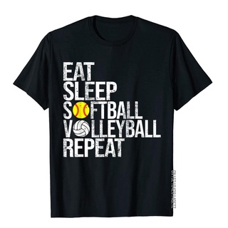 เสื้อยืดผ้าฝ้ายพรีเมี่ยม เสื้อยืด ผ้าฝ้าย พิมพ์ลายตลก Eat Sleep Softball Volleyball Repeat สําหรับผู้ชาย