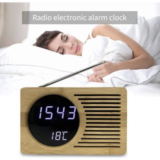 สินค้าพร้อมส่ง LED Alarm Clock Wooden FM Clock Radio LED Bamboo Wood Clock Alarm