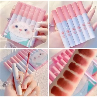 MUGE LEEN ชุดลิปกลอสแมว 6 ชิ้น ชุดลิปสติกให้ความชุ่มชื้นยาวนาน Sucking Cat Girl Lip Glaze เพิ่มความเปล่งปลั่งให้ริมฝีปาก