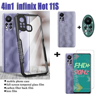 (4IN1) Infinix Hot 11s 10s hot 10 9 Play Zero 8 SMART 5 Camon 16 pova 2 note 10 11 pro Shockproof Phone Case + tempered glass film + carbon fiber back film + lens film