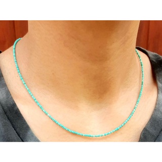 สร้อยคอ หินเทอร์ควอยส์ หินแท้ธรรมชาติ ทรงกลม เงินแท้ 925 Natural Turquoise Rondelle Seed Beads Necklace Handmade Jewelry