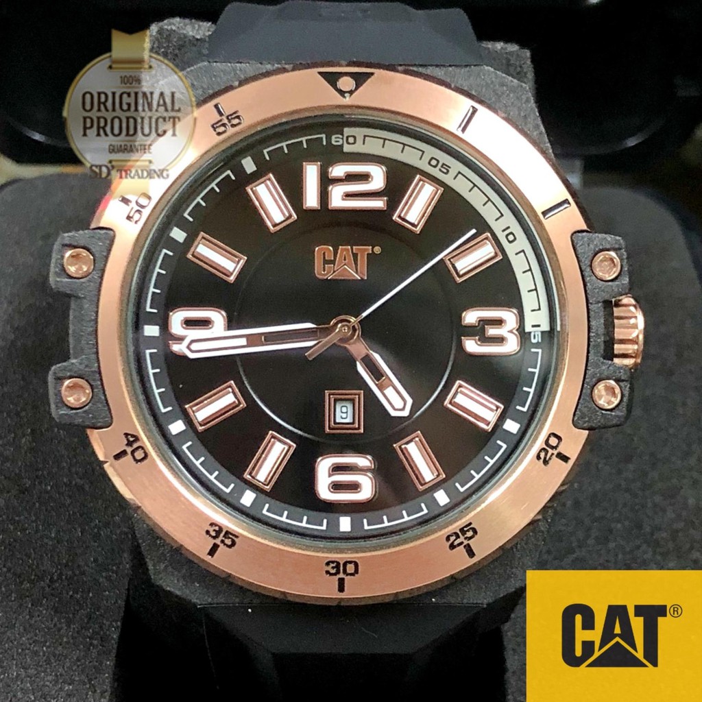 CATERPILLAR WATCHES "CAT" นาฬิกาข้อมือชายรมดำ ขอบRosegold สายซิลิโคนสีดำ รุ่น KO.191.21.139