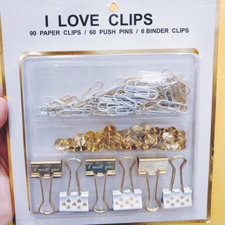 ชุด I Love Clips คลิปหนีบกระดาษ หมุดปักกระดาน push Pin และ ตัวหนีบกระดาษ Binder Clips