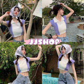 JJ Shop​💜​พร้อมส่ง  เสื้อครอปไพรมคอปก แขนสั้น ผ้านิ่มใส่สบายมาก มี3สีคิ้วมาก "6945" -N