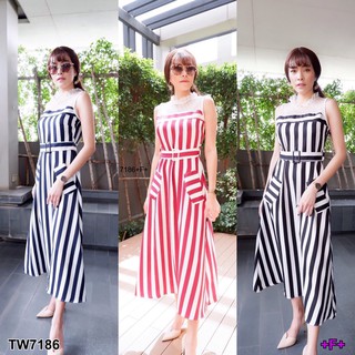 (7186) Dress ชุดเดรสแขนกุดลายริ้ว แต่งกระดุมหน้า