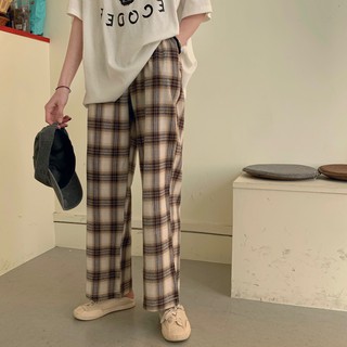 【 Hot】Latte scott pant กางเกงขายาวเอวจั๊ม ลายสก็อตสีกาแฟ