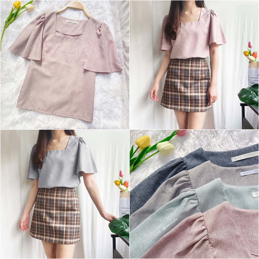 (ลด50.- ใส่โค้ด WNSTBH)เสื้อคอเหลี่ยมแขนระบาย(LC)