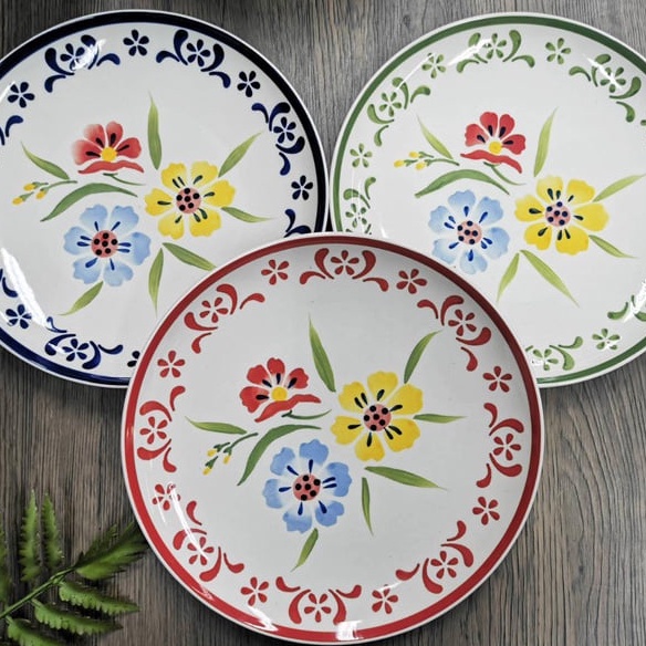 INDRA CERAMIC เซรามิกเข้าไมโครเวฟได้ จานกลมโค้ง 23 ซม. - ลายดอกถาดวินเทจ 3 สี